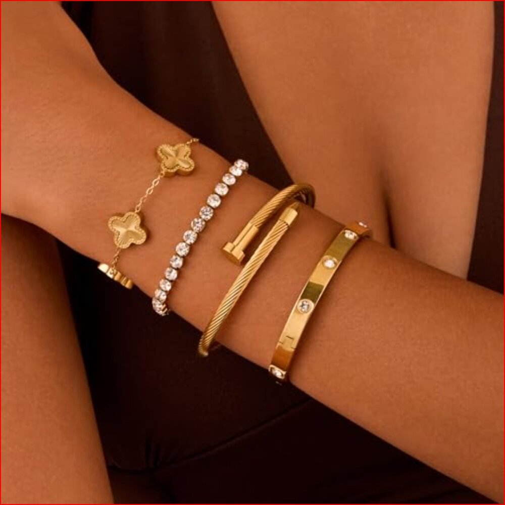 18k Gold Plated Stackable Bangle Bracelet Set, 4 … - image 3